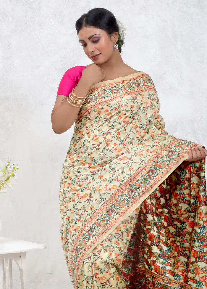 Cream Dupion Silk Saree Without Blouse Piece - Indian Silk House Agencies