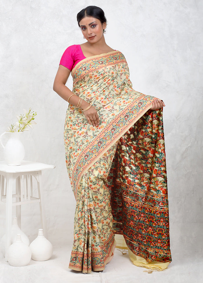 Cream Dupion Silk Saree Without Blouse Piece - Indian Silk House Agencies