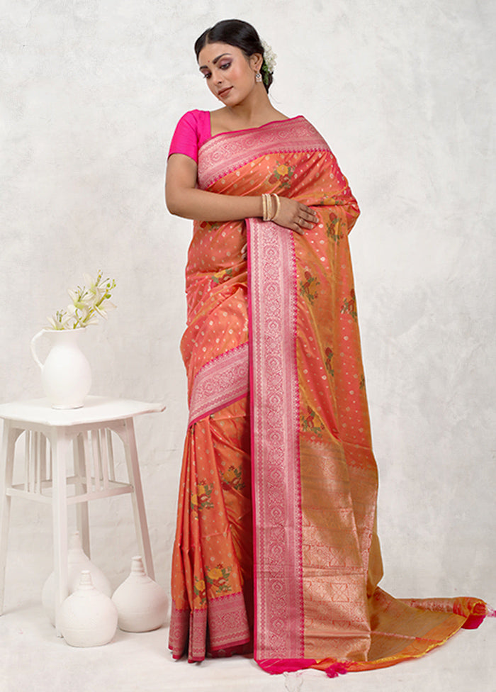 Orange Dupion Silk Saree Without Blouse Piece - Indian Silk House Agencies