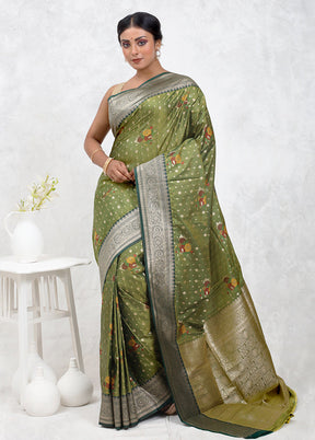 Green Dupion Silk Saree Without Blouse Piece - Indian Silk House Agencies