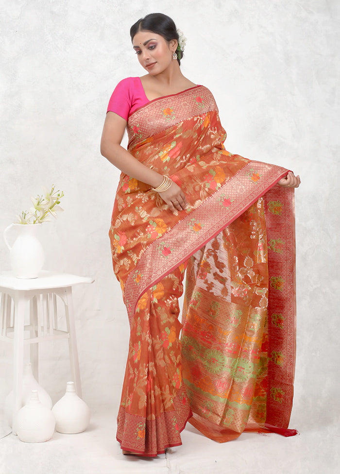 Orange Dupion Silk Saree Without Blouse Piece - Indian Silk House Agencies