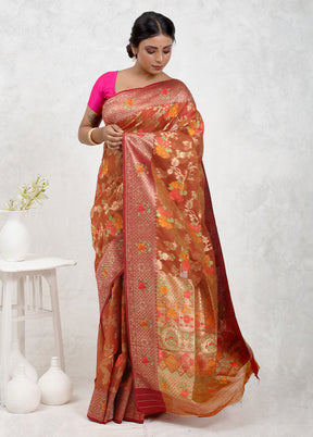 Orange Dupion Silk Saree Without Blouse Piece - Indian Silk House Agencies