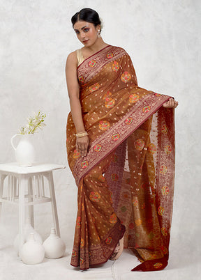 Brown Dupion Silk Saree Without Blouse Piece - Indian Silk House Agencies