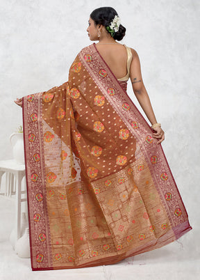 Brown Dupion Silk Saree Without Blouse Piece - Indian Silk House Agencies