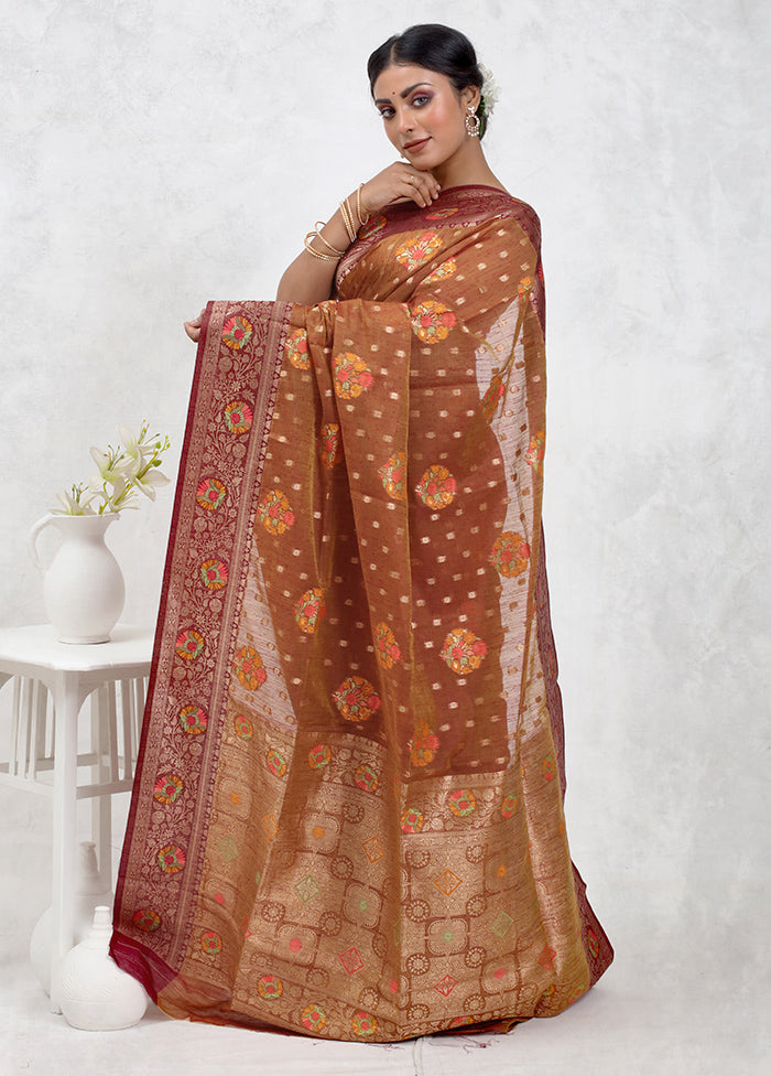 Brown Dupion Silk Saree Without Blouse Piece - Indian Silk House Agencies