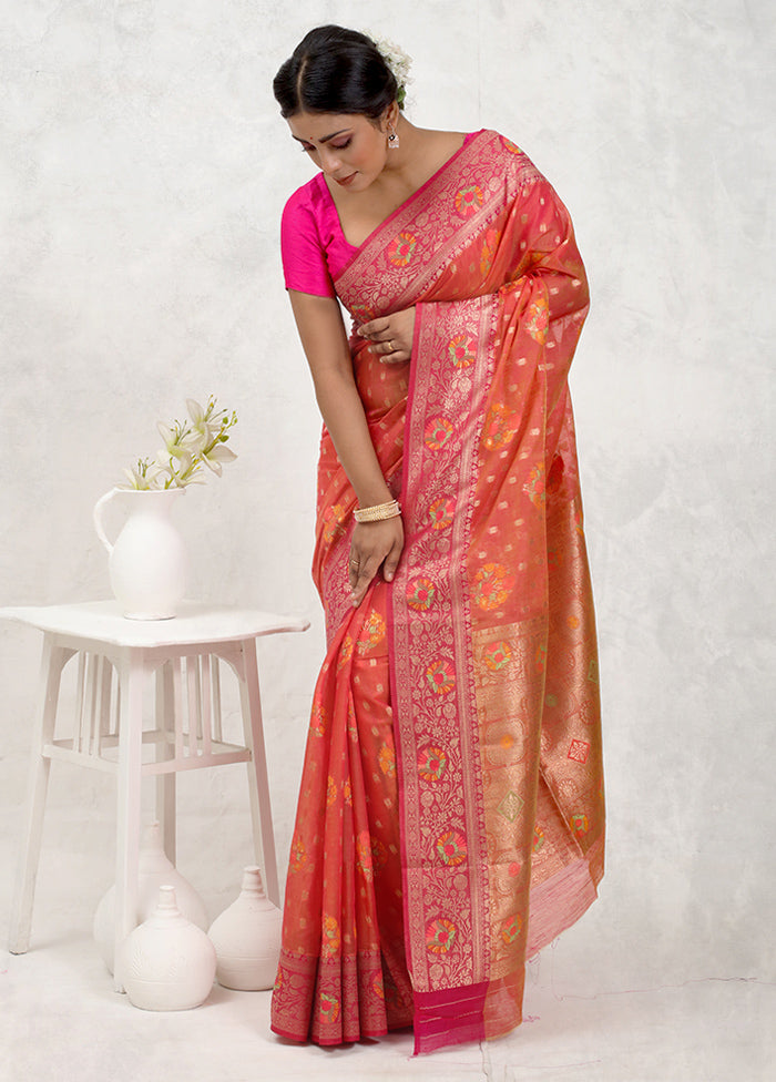 Orange Dupion Silk Saree Without Blouse Piece - Indian Silk House Agencies