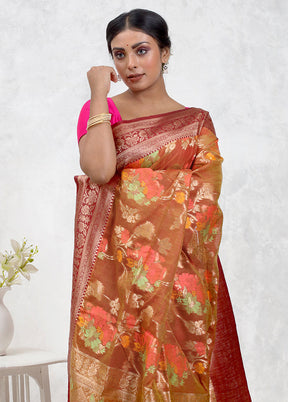 Orange Dupion Silk Saree Without Blouse Piece - Indian Silk House Agencies