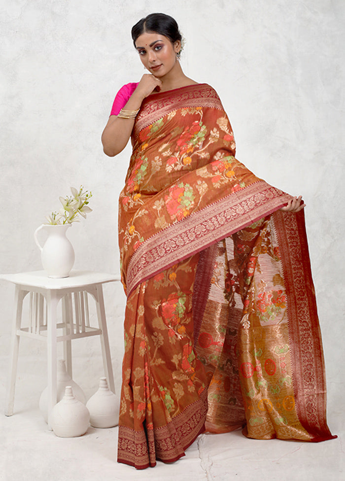 Orange Dupion Silk Saree Without Blouse Piece - Indian Silk House Agencies