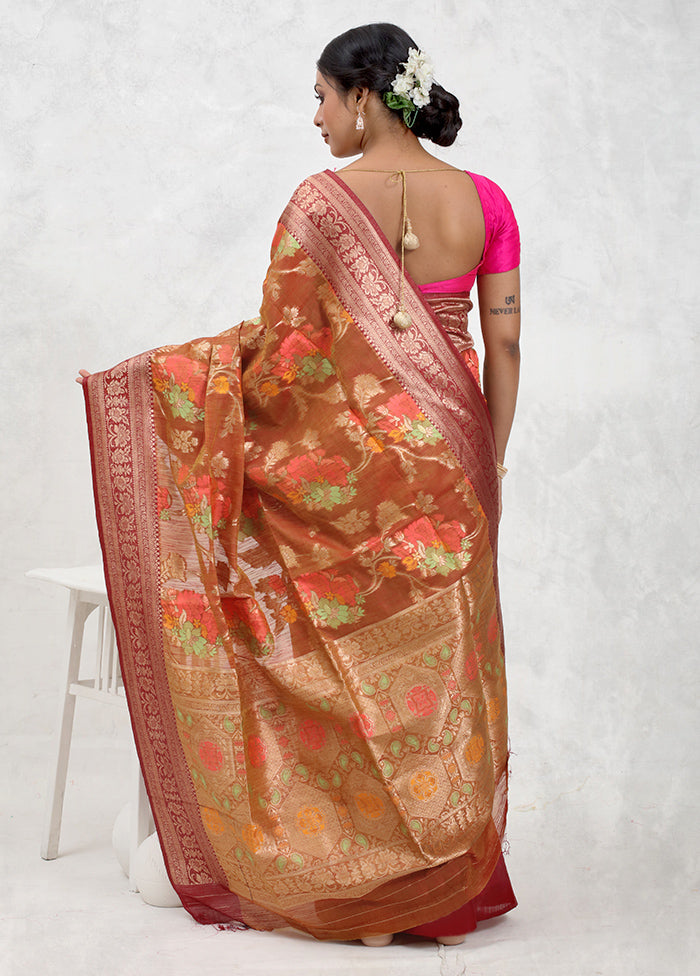 Orange Dupion Silk Saree Without Blouse Piece - Indian Silk House Agencies