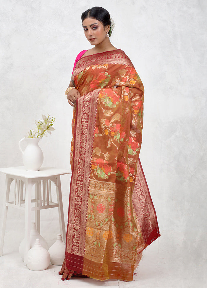 Orange Dupion Silk Saree Without Blouse Piece - Indian Silk House Agencies