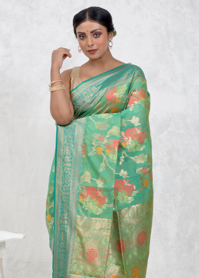 Green Dupion Silk Saree Without Blouse Piece - Indian Silk House Agencies