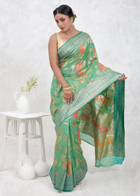 Green Dupion Silk Saree Without Blouse Piece - Indian Silk House Agencies