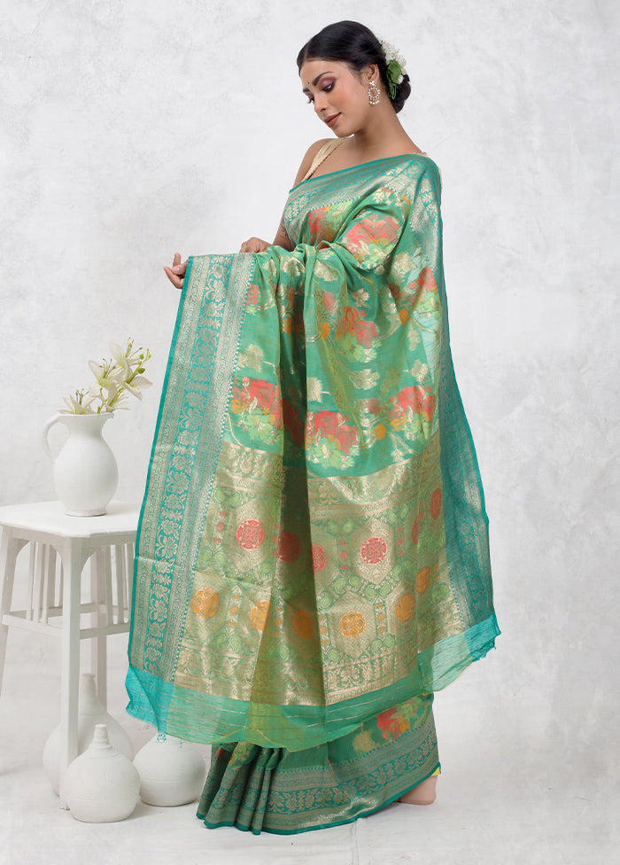 Green Dupion Silk Saree Without Blouse Piece - Indian Silk House Agencies