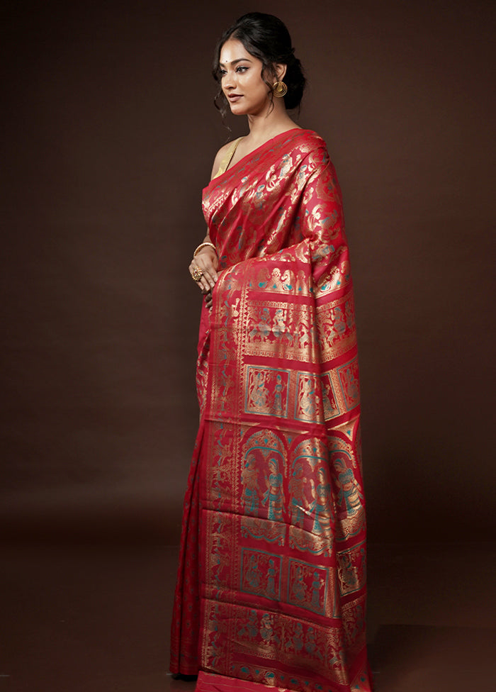 Red Baluchari Silk Saree With Blouse Piece - Indian Silk House Agencies