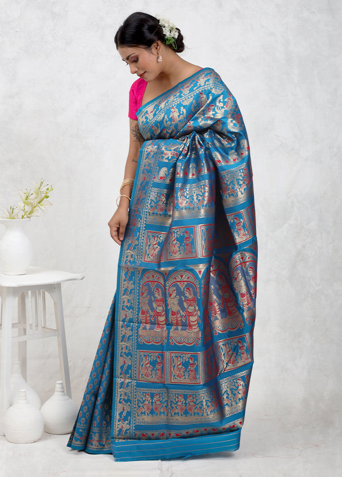 Blue Baluchari Silk Saree Without Blouse Piece - Indian Silk House Agencies