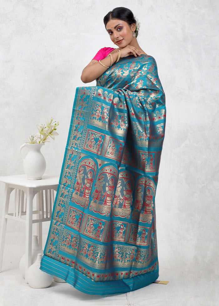 Blue Baluchari Silk Saree Without Blouse Piece - Indian Silk House Agencies