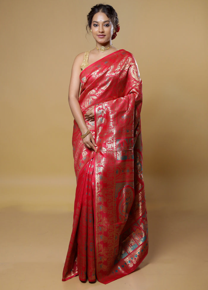 Red Baluchari Silk Saree With Blouse Piece