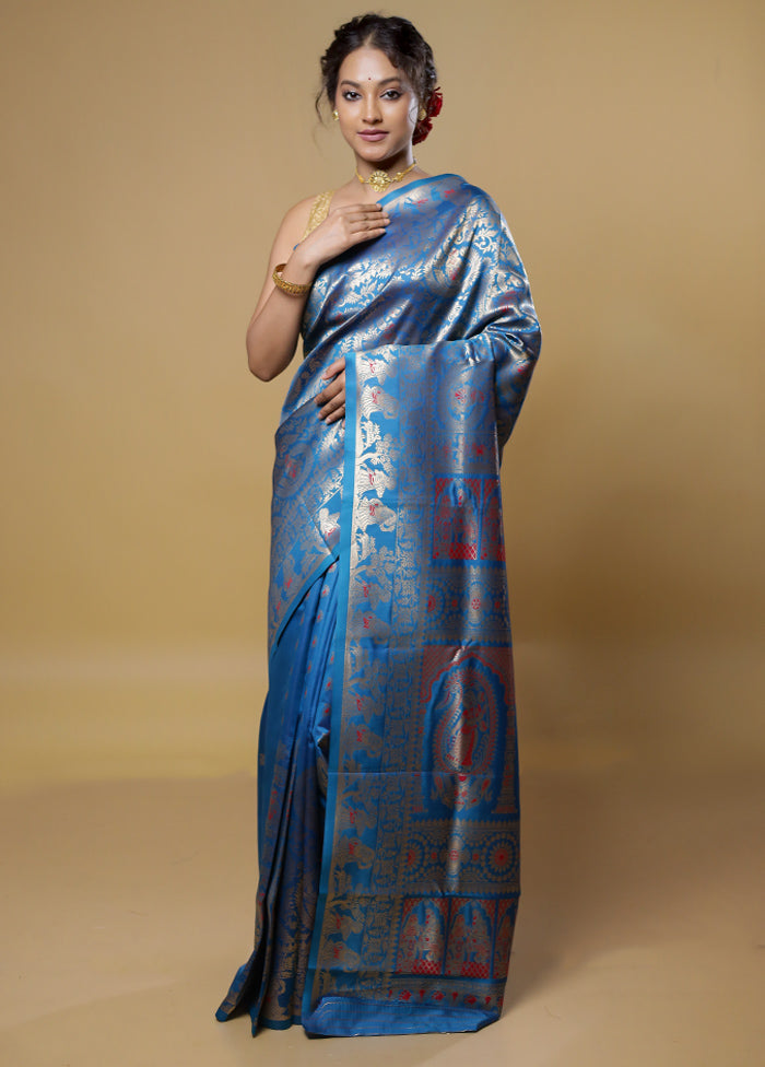 Blue Baluchari Silk Saree With Blouse Piece