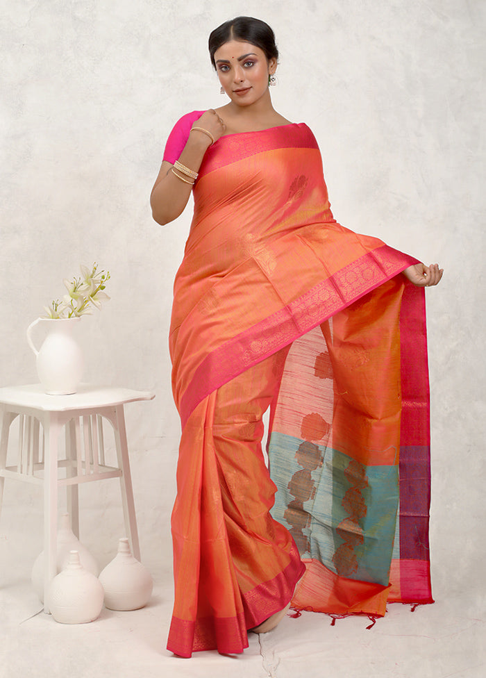 Orange Dupion Silk Saree Without Blouse Piece - Indian Silk House Agencies