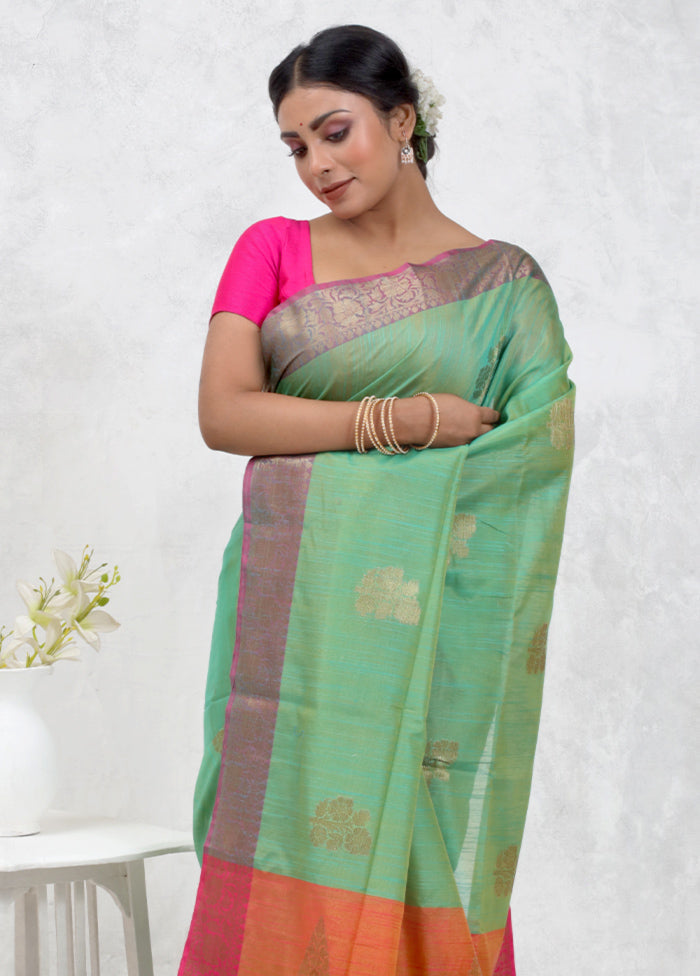 Green Dupion Silk Saree Without Blouse Piece - Indian Silk House Agencies