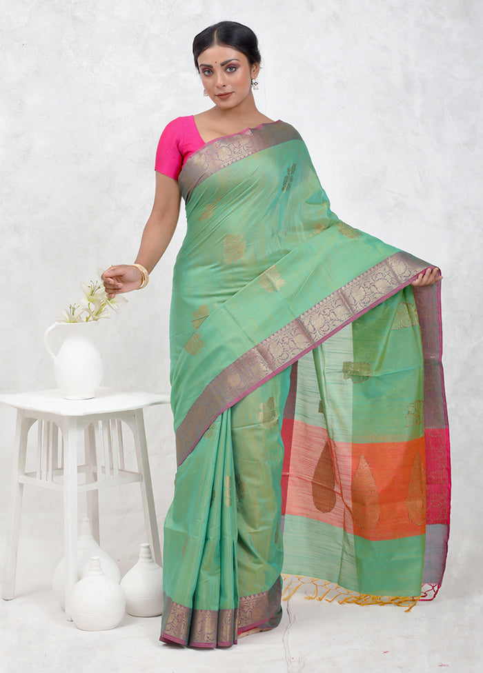 Green Dupion Silk Saree Without Blouse Piece - Indian Silk House Agencies