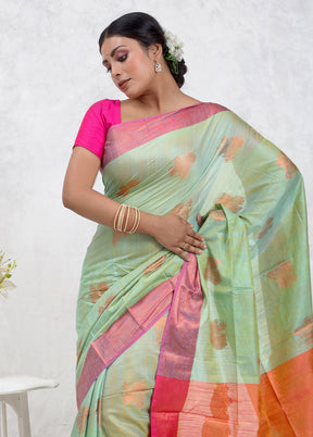 Green Dupion Silk Saree Without Blouse Piece - Indian Silk House Agencies