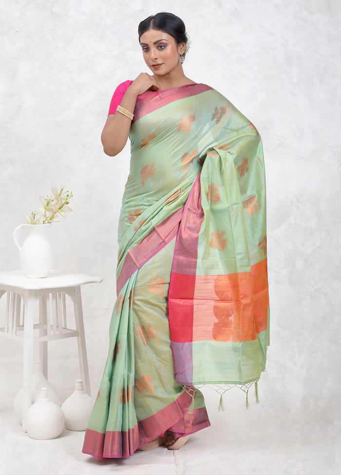 Green Dupion Silk Saree Without Blouse Piece - Indian Silk House Agencies