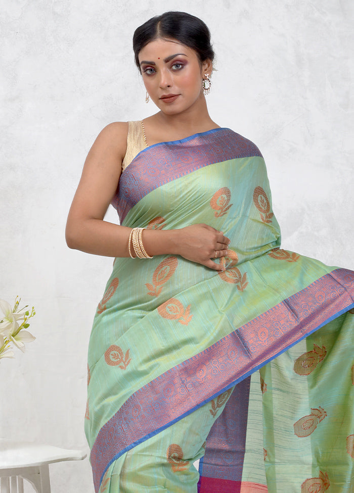 Green Dupion Silk Saree Without Blouse Piece - Indian Silk House Agencies