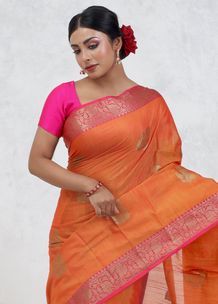 Orange Dupion Silk Saree Without Blouse Piece - Indian Silk House Agencies