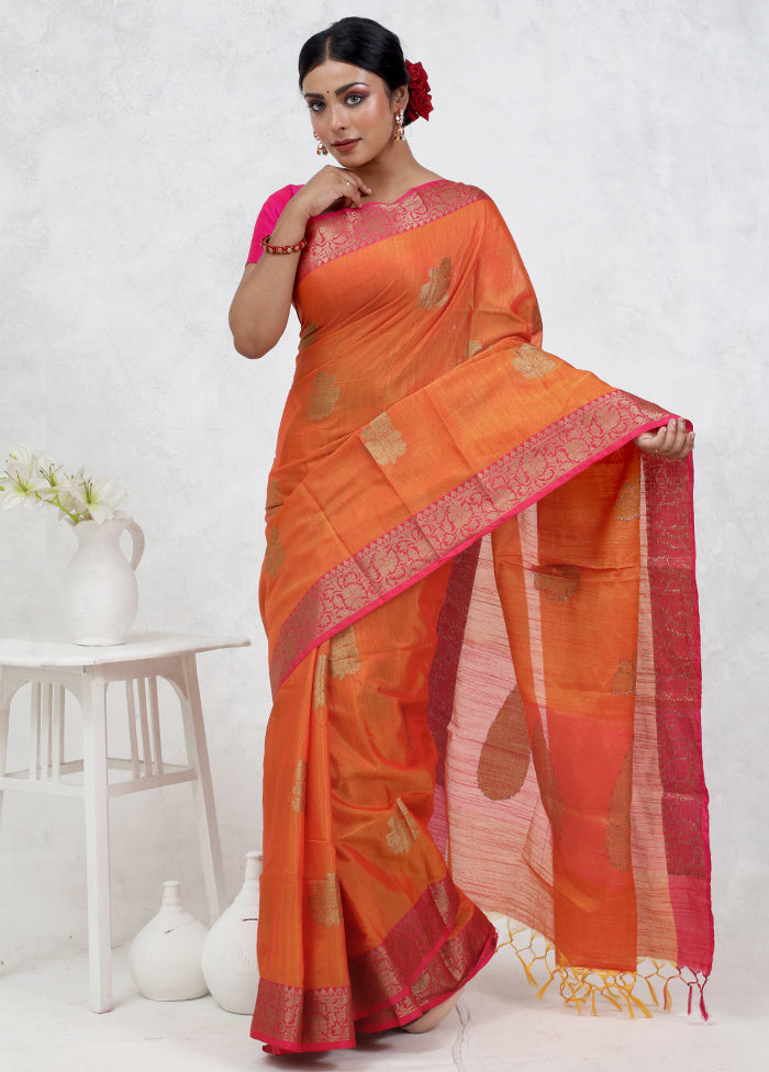 Orange Dupion Silk Saree Without Blouse Piece - Indian Silk House Agencies