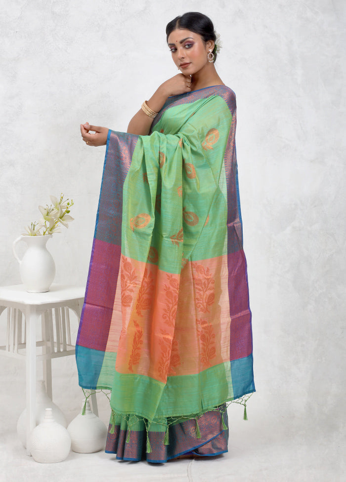 Green Dupion Silk Saree Without Blouse Piece - Indian Silk House Agencies