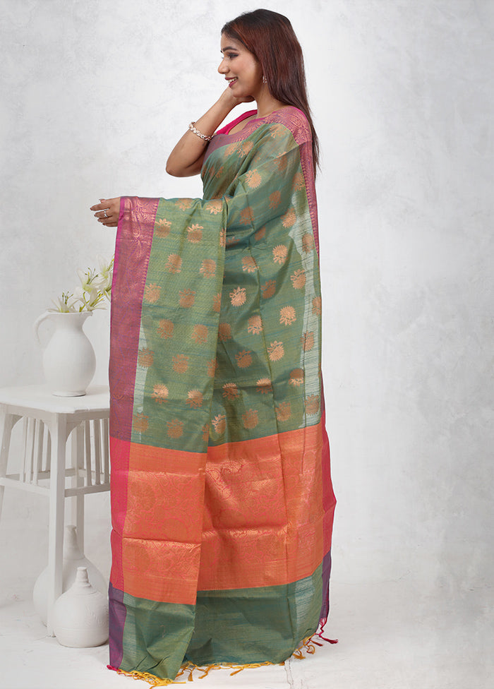 Green Cotton Saree Without Blouse Piece - Indian Silk House Agencies