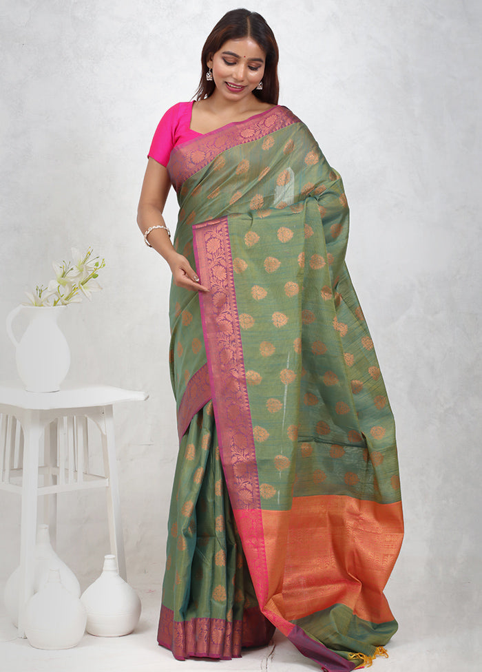 Green Cotton Saree Without Blouse Piece - Indian Silk House Agencies