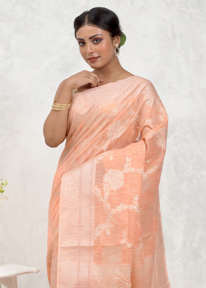 Peach Kora Silk Saree Without Blouse Piece - Indian Silk House Agencies