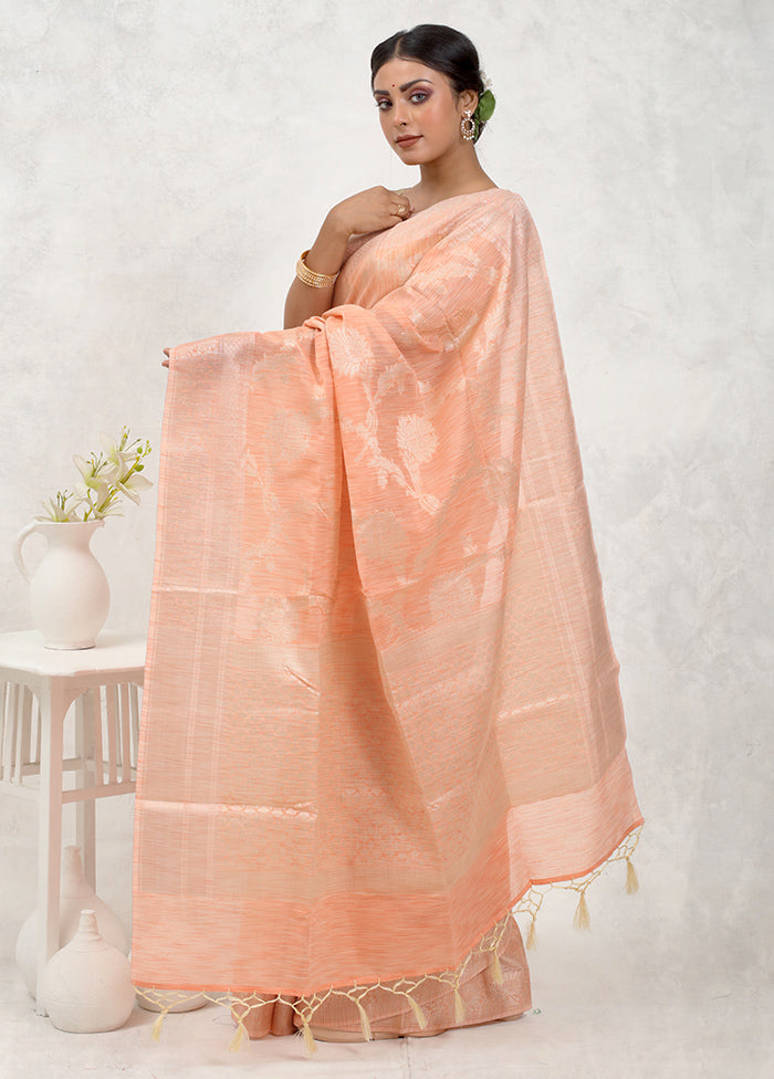 Peach Kora Silk Saree Without Blouse Piece - Indian Silk House Agencies