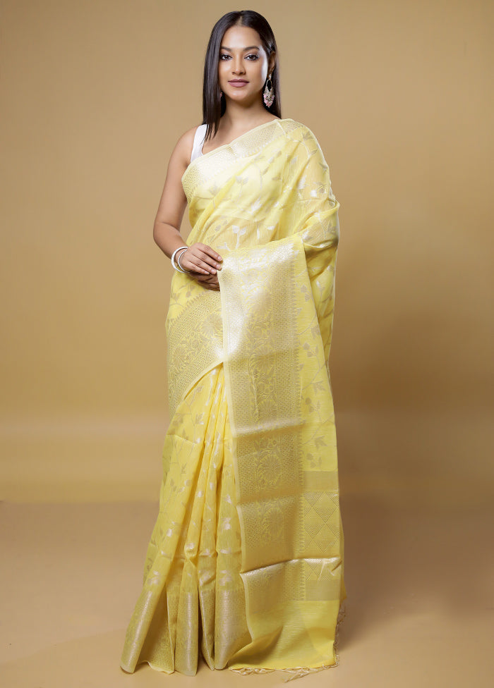 Yellow Kora Silk Saree With Blouse Piece