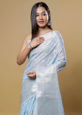 Blue Kora Silk Saree With Blouse Piece