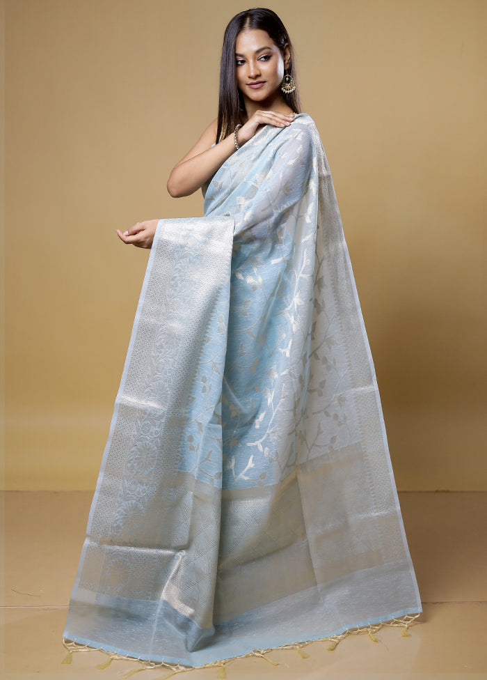 Blue Kora Silk Saree With Blouse Piece