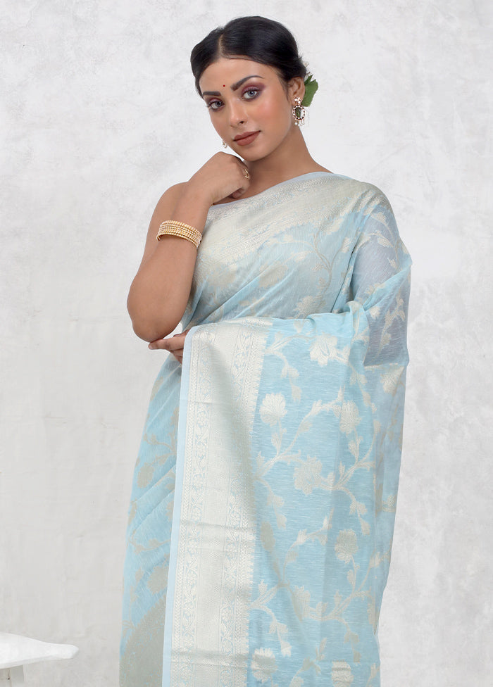 Blue Kora Silk Saree Without Blouse Piece - Indian Silk House Agencies