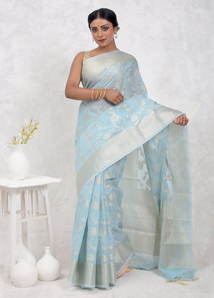 Blue Kora Silk Saree Without Blouse Piece - Indian Silk House Agencies