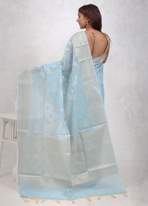 Blue Kora Silk Saree Without Blouse Piece - Indian Silk House Agencies