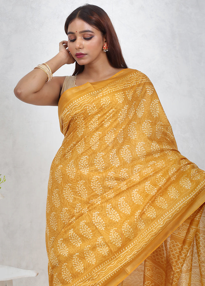 Yellow Chanderi Cotton Saree Without Blouse Piece - Indian Silk House Agencies