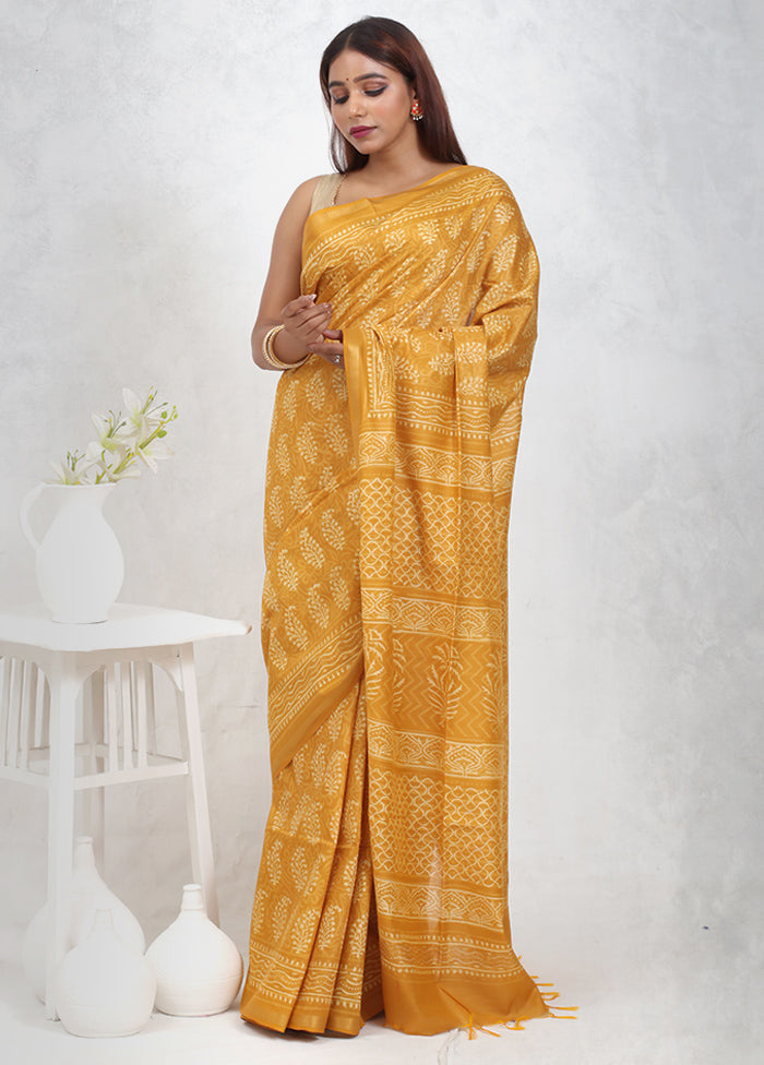 Yellow Chanderi Cotton Saree Without Blouse Piece - Indian Silk House Agencies