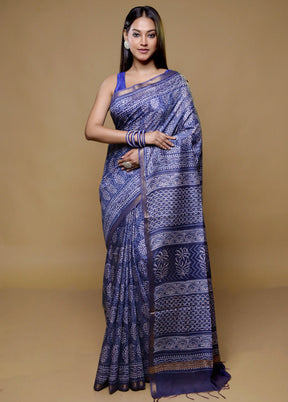 Blue Chanderi Cotton Saree With Blouse Piece