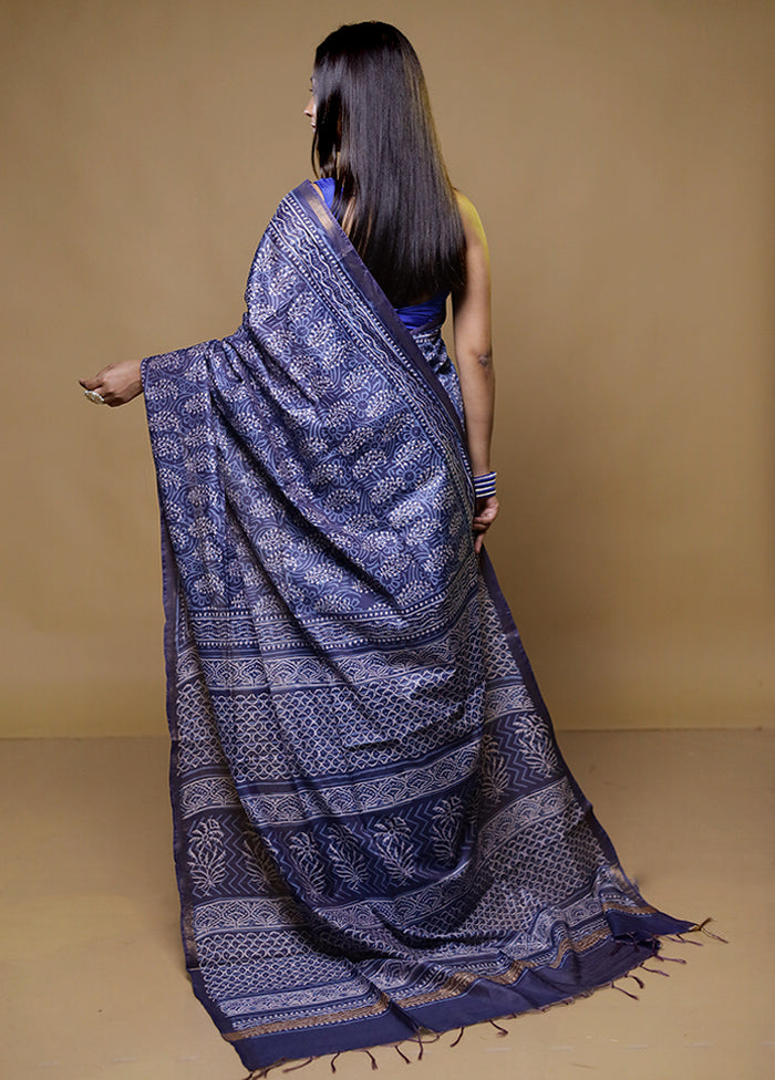 Blue Chanderi Cotton Saree With Blouse Piece