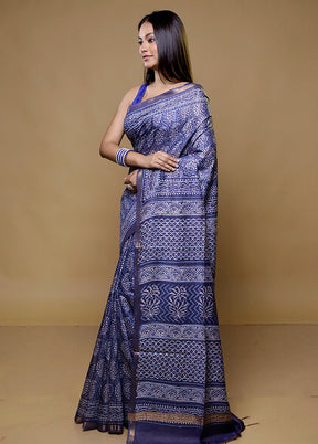 Blue Chanderi Cotton Saree With Blouse Piece