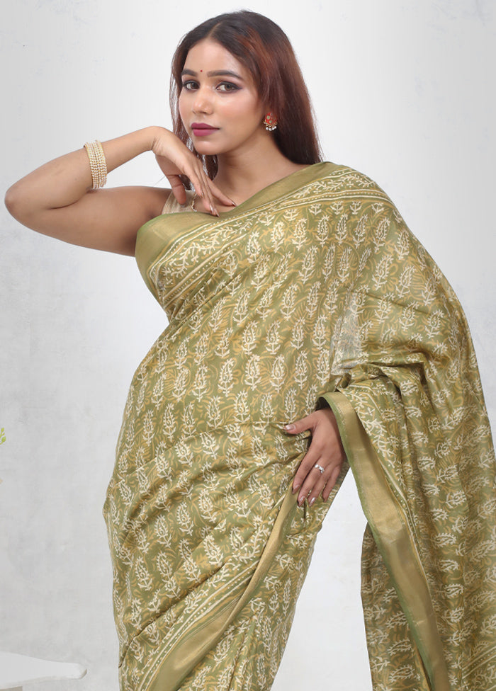 Green Chanderi Cotton Saree Without Blouse Piece - Indian Silk House Agencies