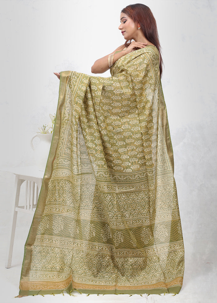 Green Chanderi Cotton Saree Without Blouse Piece - Indian Silk House Agencies