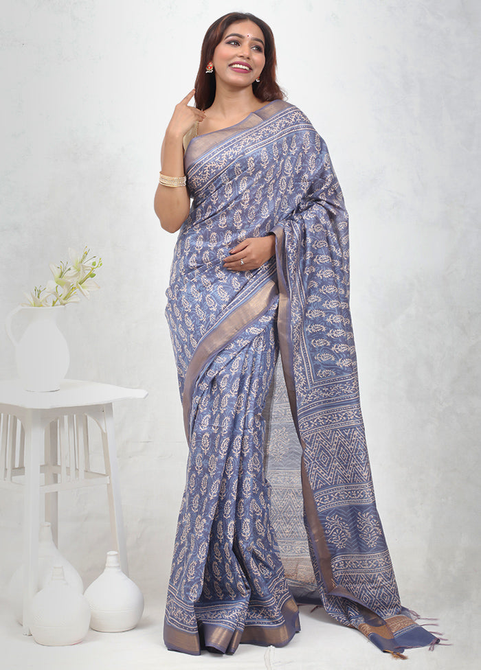 Blue Chanderi Cotton Saree Without Blouse Piece - Indian Silk House Agencies