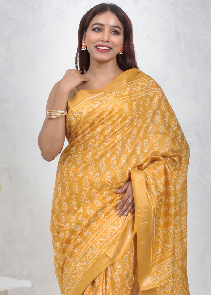 Yellow Chanderi Cotton Saree Without Blouse Piece - Indian Silk House Agencies